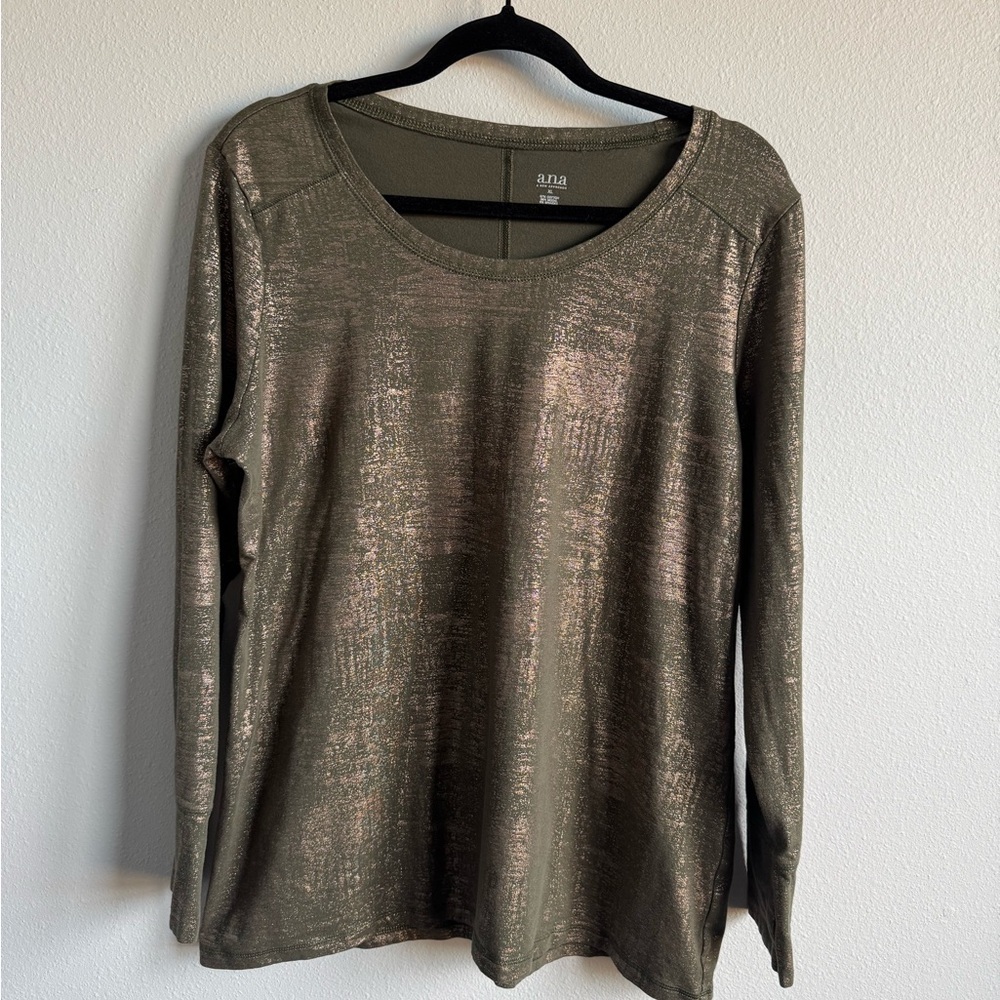 A.N.A. Metallic Shimmer Olive Green Fall Long Sleeve Top Quiet Luxury Size XL